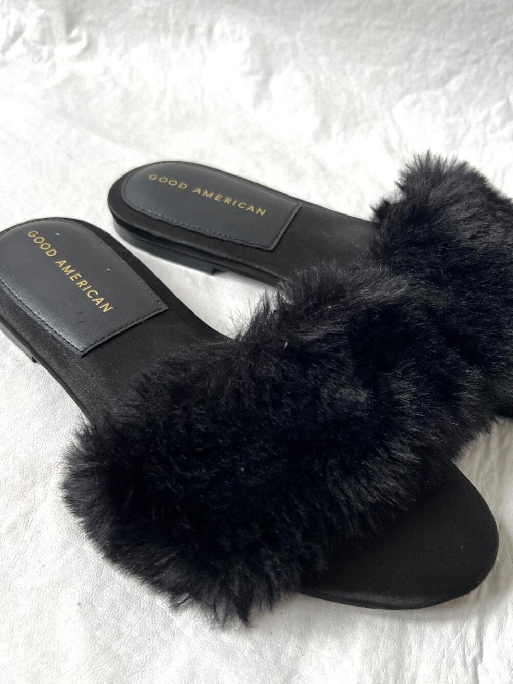 Good American sandals Furry Slide black fuzzy faux fur womens 7 flat slip on